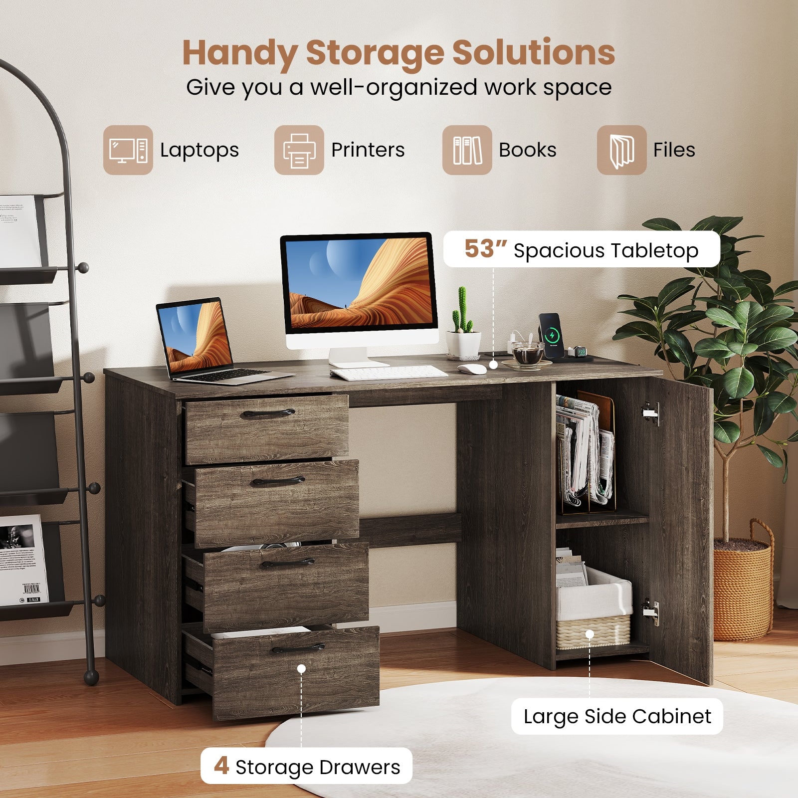 53 Inches Computer Desk, Power Outlets, 4 Storage Drawers, Gray Computer Desks at Gallery Canada