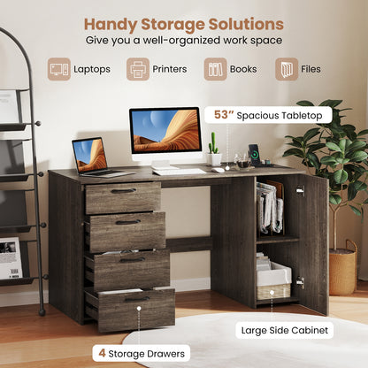 53 Inches Computer Desk, Power Outlets, 4 Storage Drawers, Gray Computer Desks at Gallery Canada