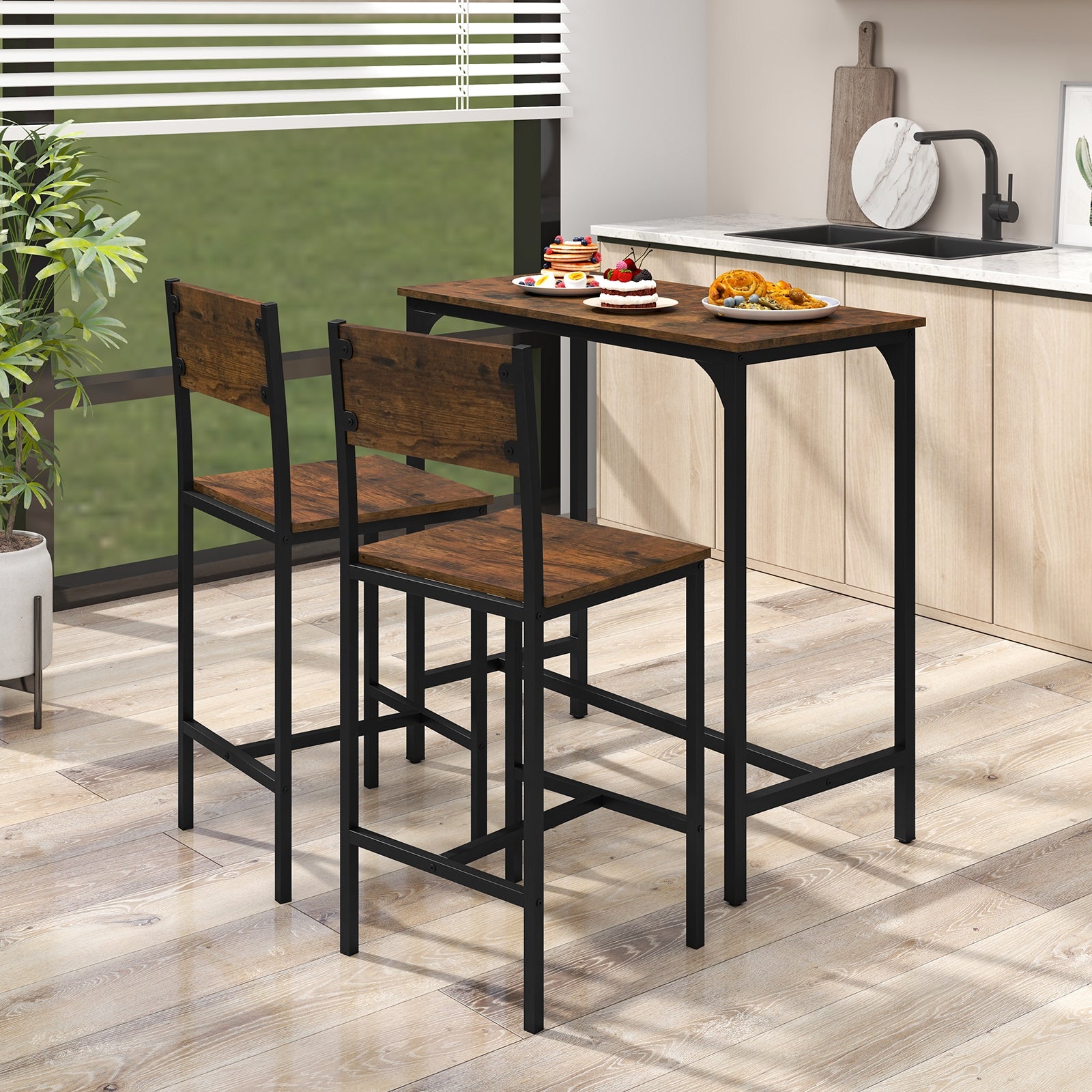 3 Piece Bar Table Set, Backrest, Footrest, Rustic Brown Patio Bar Furniture at Gallery Canada