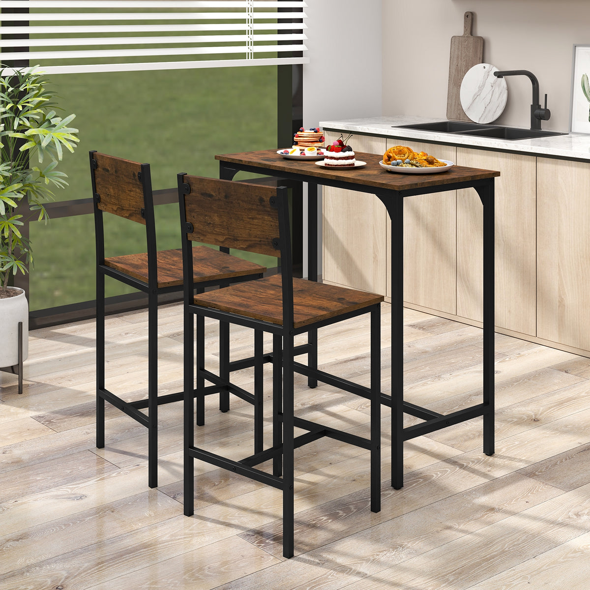3 Piece Bar Table Set, Backrest, Footrest, Rustic Brown Patio Bar Furniture at Gallery Canada