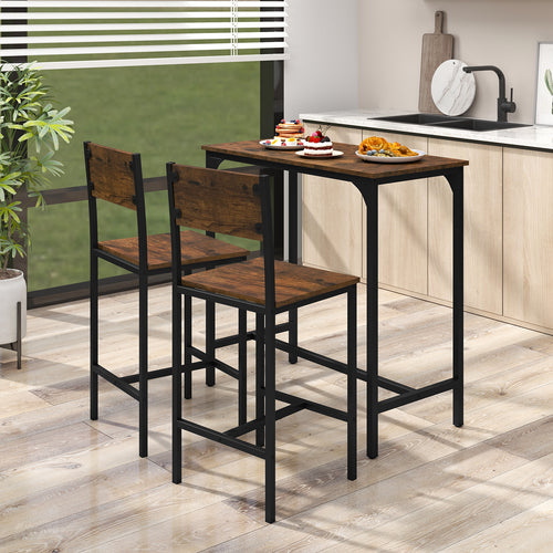 3 Piece Bar Table Set, Backrest, Footrest, Rustic Brown