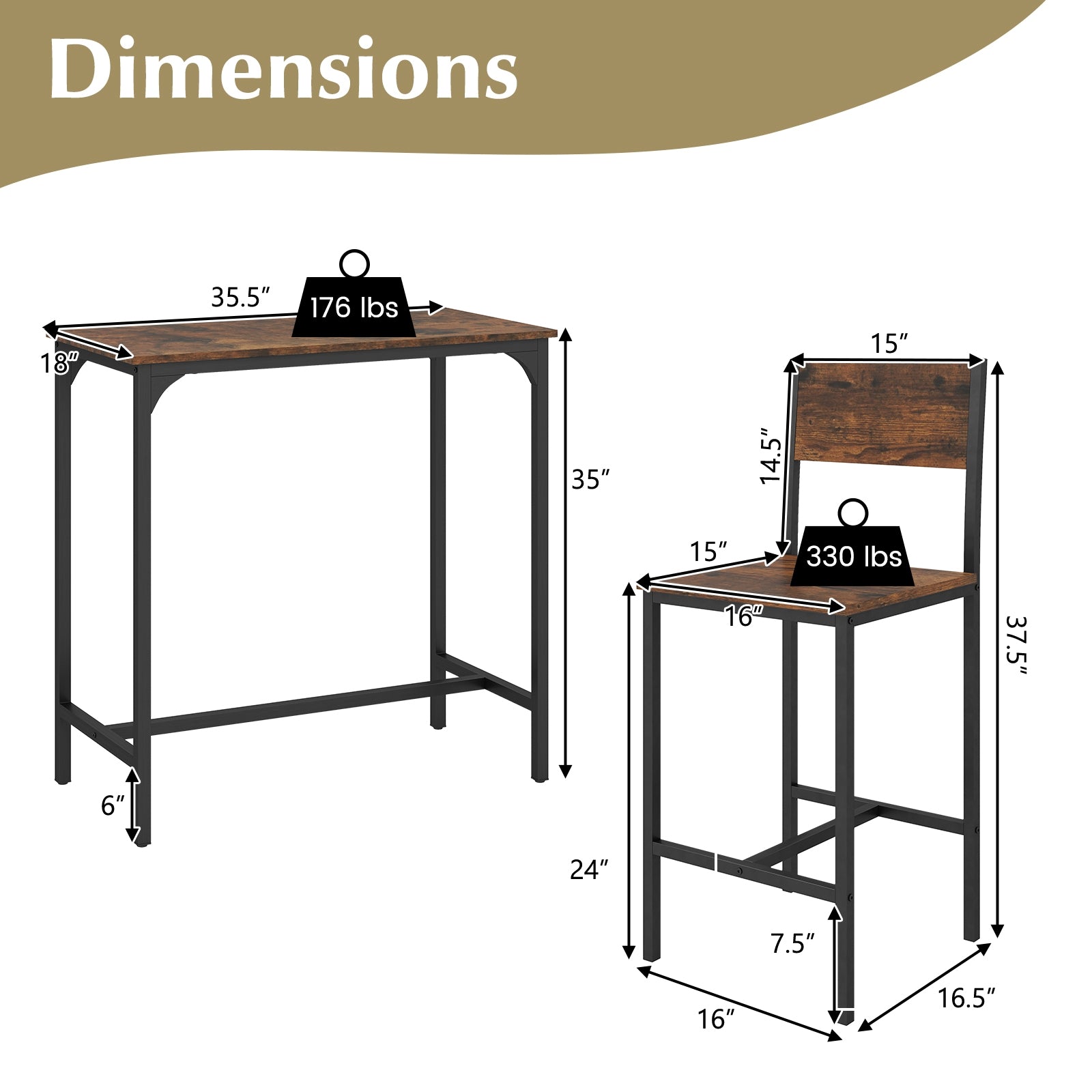 3 Piece Bar Table Set, Backrest, Footrest, Rustic Brown Patio Bar Furniture at Gallery Canada