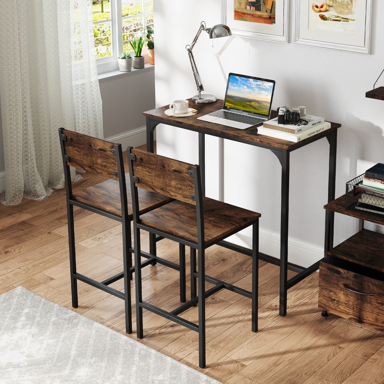 3 Piece Bar Table Set, Backrest, Footrest, Rustic Brown Patio Bar Furniture at Gallery Canada