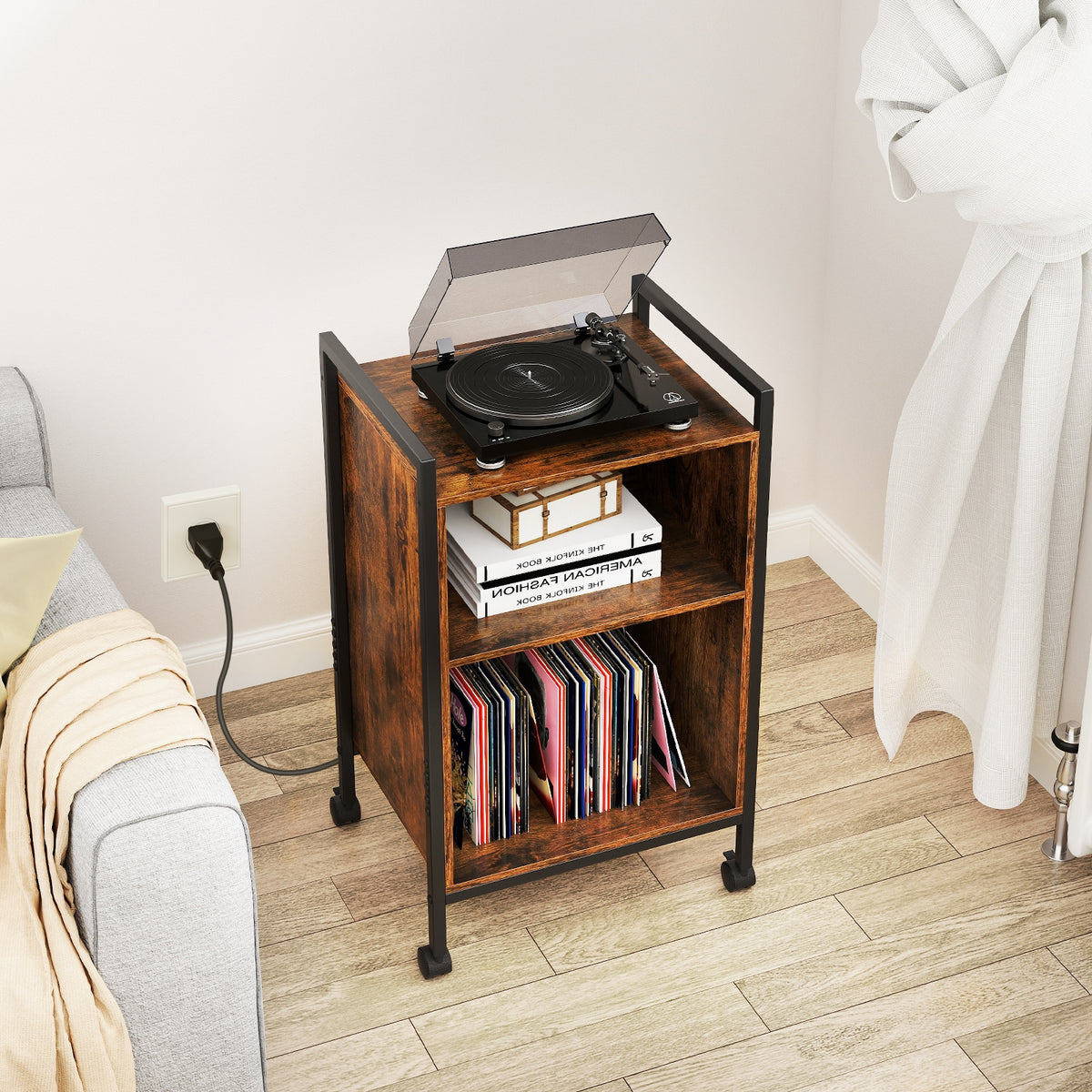 Mobile Record Player Stand With Power Outlet, Rustic Brown End & Side Tables at Gallery Canada