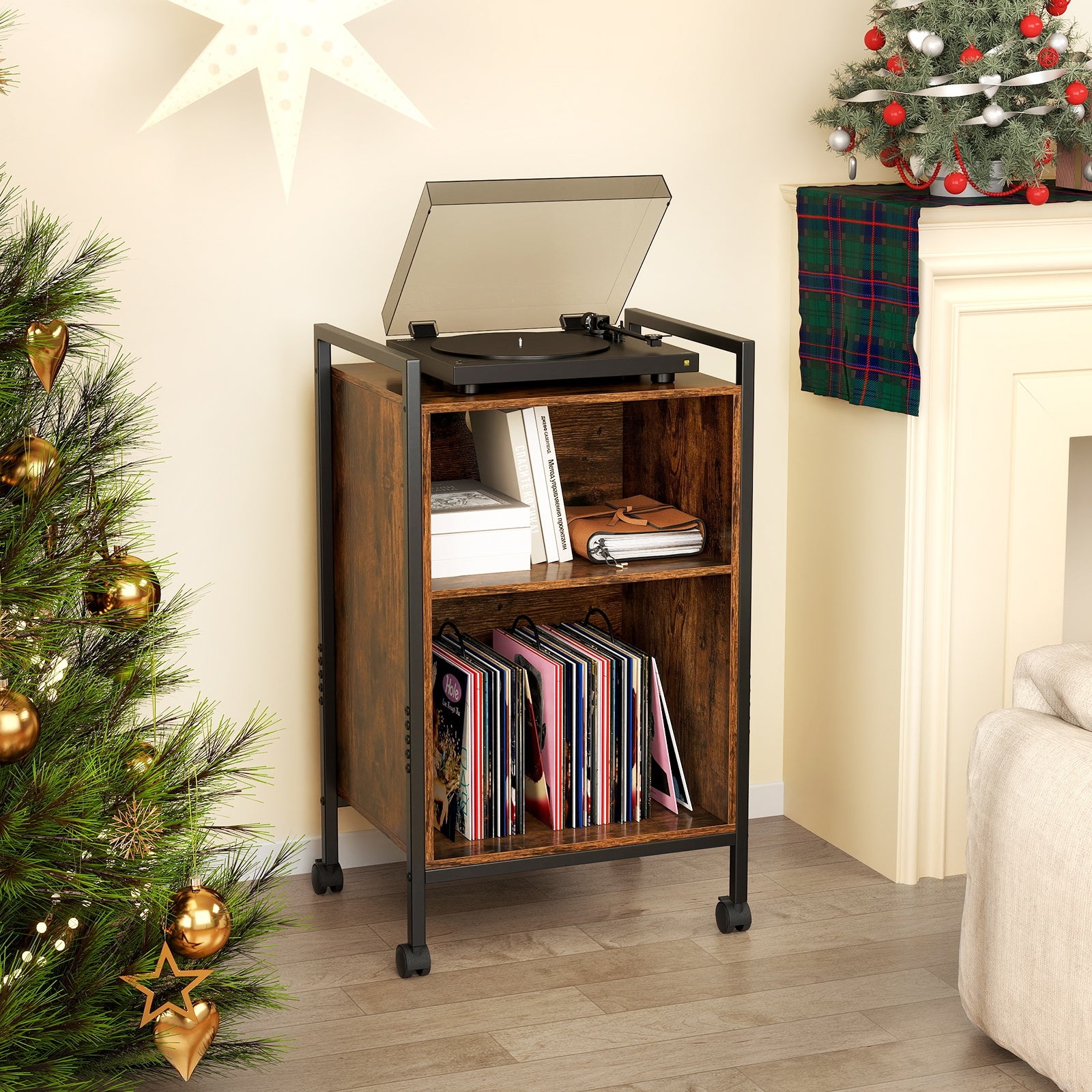 Mobile Record Player Stand With Power Outlet, Rustic Brown End & Side Tables at Gallery Canada