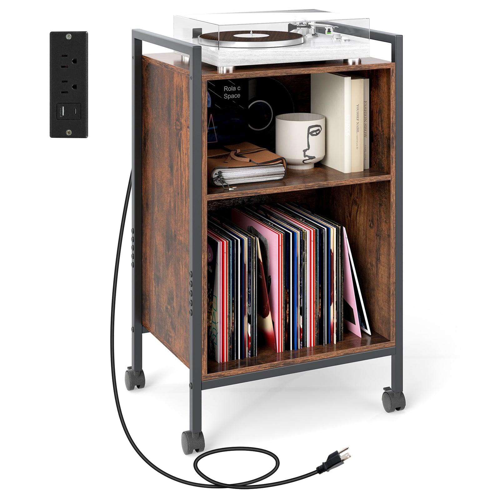 Mobile Record Player Stand With Power Outlet, Rustic Brown End & Side Tables at Gallery Canada