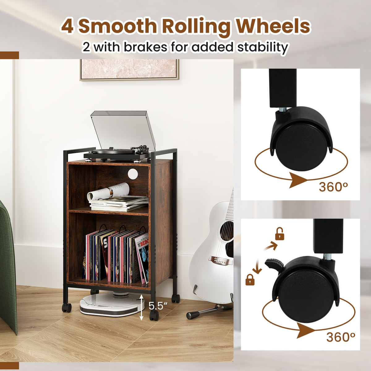 Mobile Record Player Stand With Power Outlet, Rustic Brown End & Side Tables at Gallery Canada