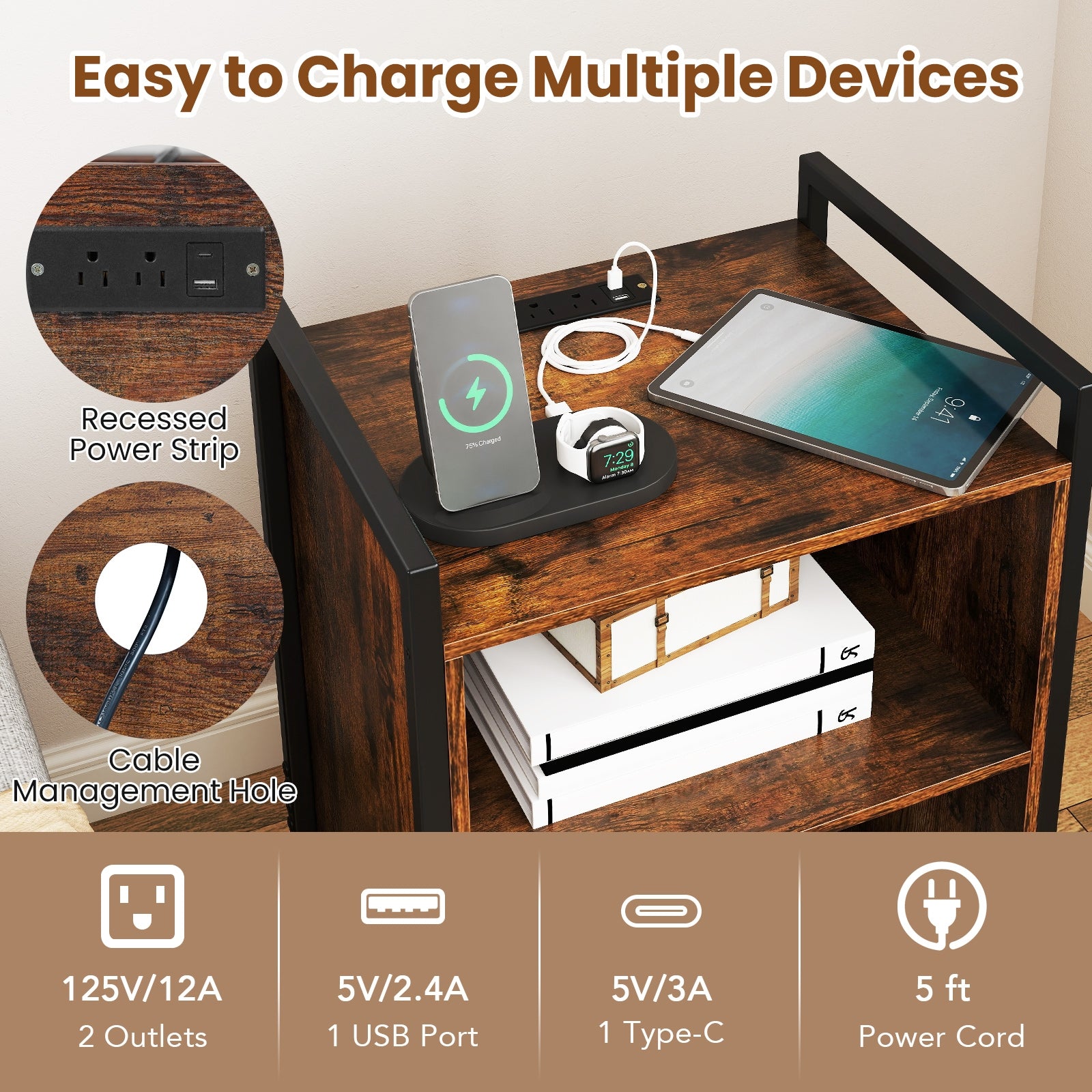 Mobile Record Player Stand With Power Outlet, Rustic Brown End & Side Tables at Gallery Canada