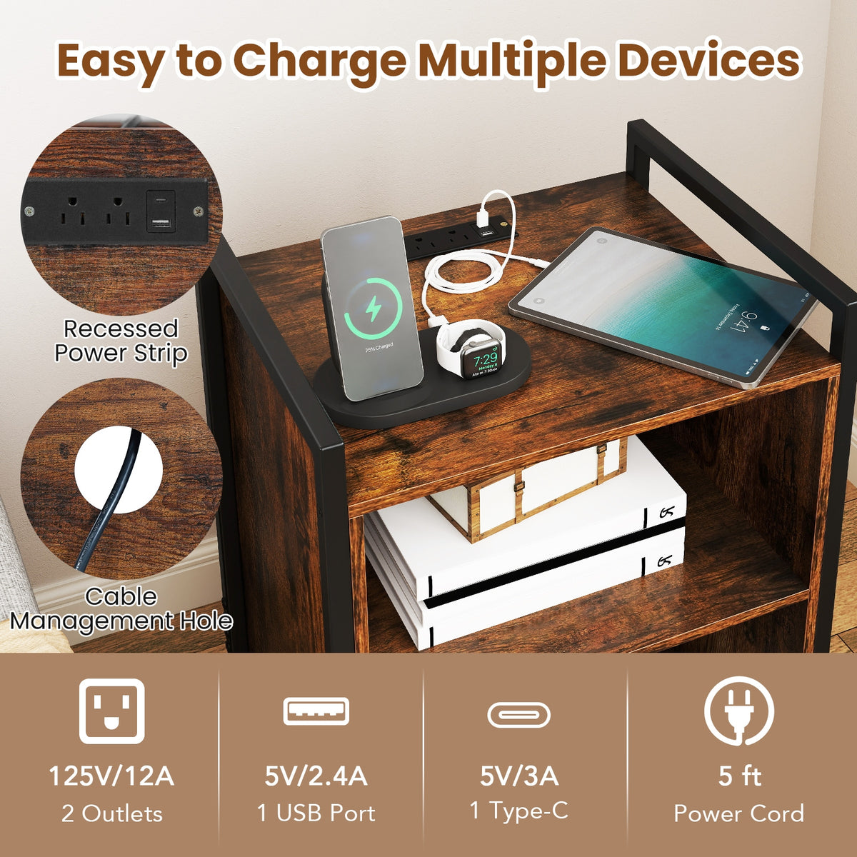 Mobile Record Player Stand With Power Outlet, Rustic Brown End & Side Tables at Gallery Canada