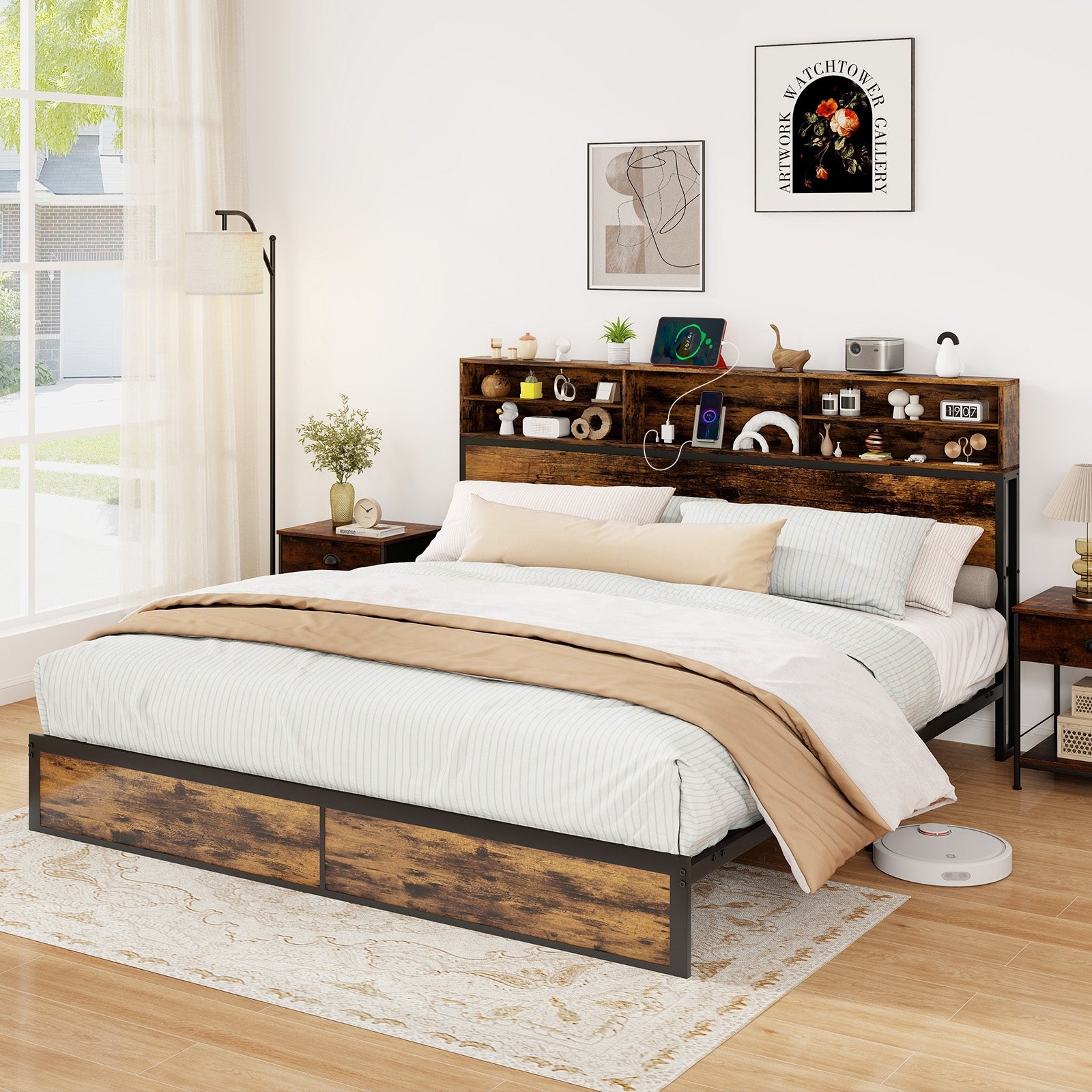 King Size Bed Frame With Storage Headboard, Industrial Metal Platform, Rustic Brown Simple Bed Frame at Gallery Canada