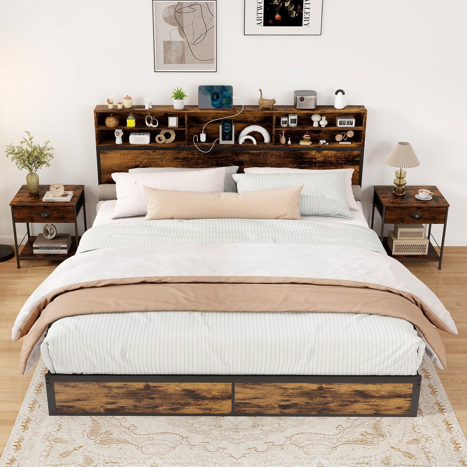 King Size Bed Frame With Storage Headboard, Industrial Metal Platform, Rustic Brown Simple Bed Frame at Gallery Canada