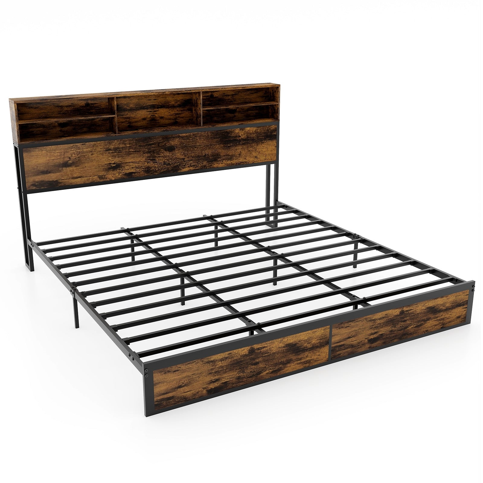 King Size Bed Frame With Storage Headboard, Industrial Metal Platform, Rustic Brown Simple Bed Frame at Gallery Canada