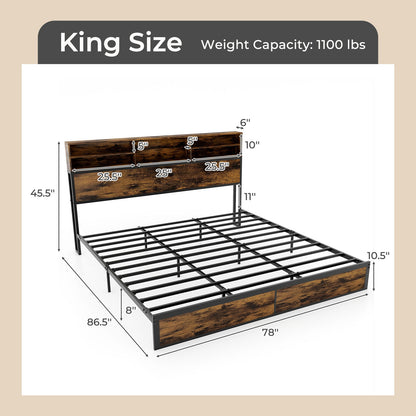 King Size Bed Frame With Storage Headboard, Industrial Metal Platform, Rustic Brown Simple Bed Frame at Gallery Canada