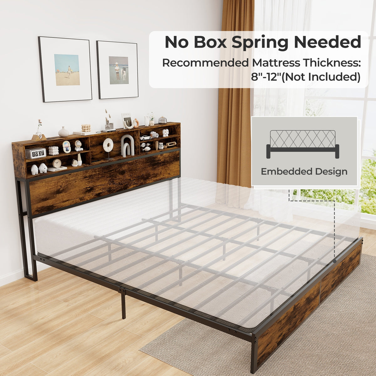 King Size Bed Frame With Storage Headboard, Industrial Metal Platform, Rustic Brown Simple Bed Frame at Gallery Canada