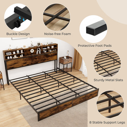 King Size Bed Frame With Storage Headboard, Industrial Metal Platform, Rustic Brown Simple Bed Frame at Gallery Canada