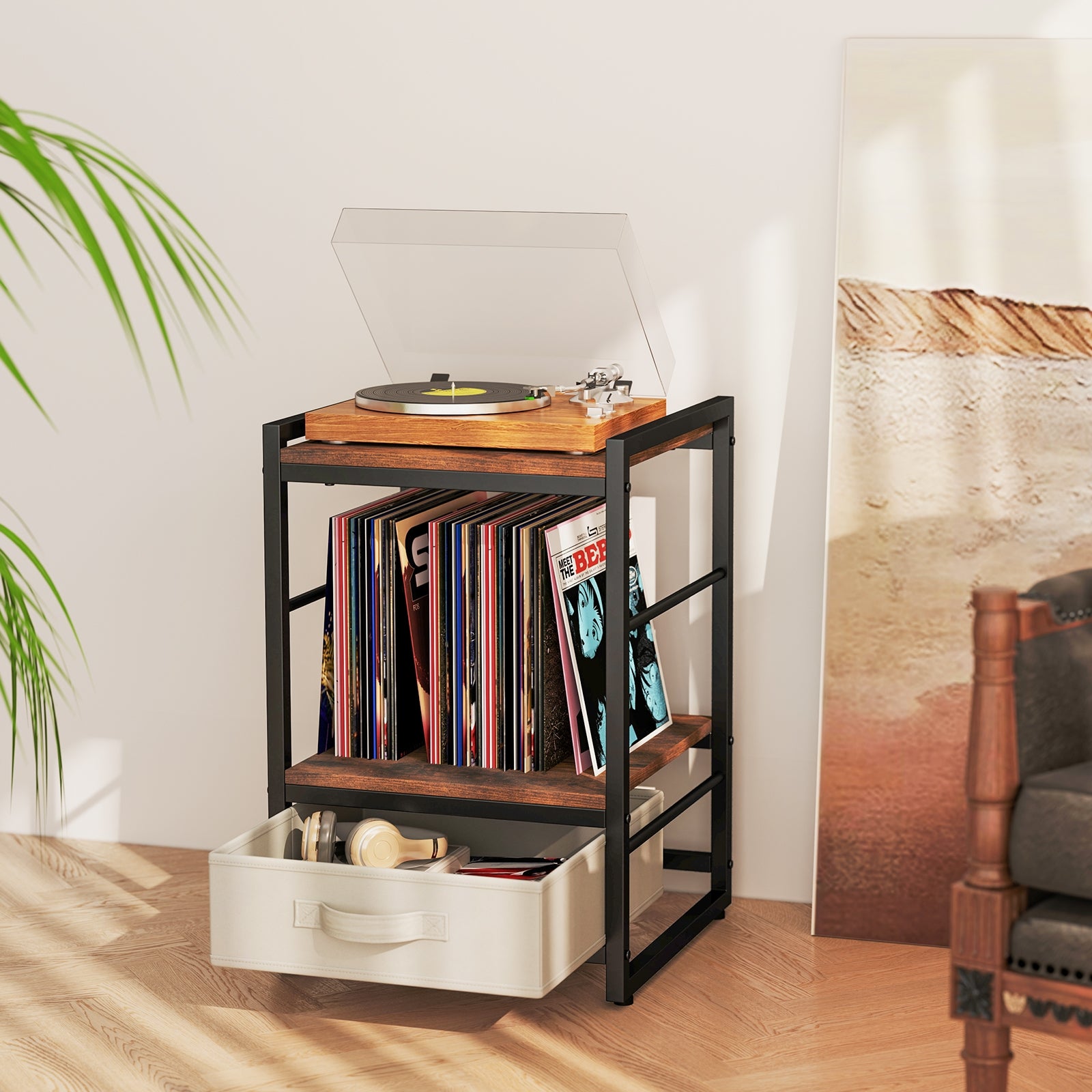 Industrial Nightstand With Open Shelf, Fabric Drawer, Rustic Brown Nightstands at Gallery Canada