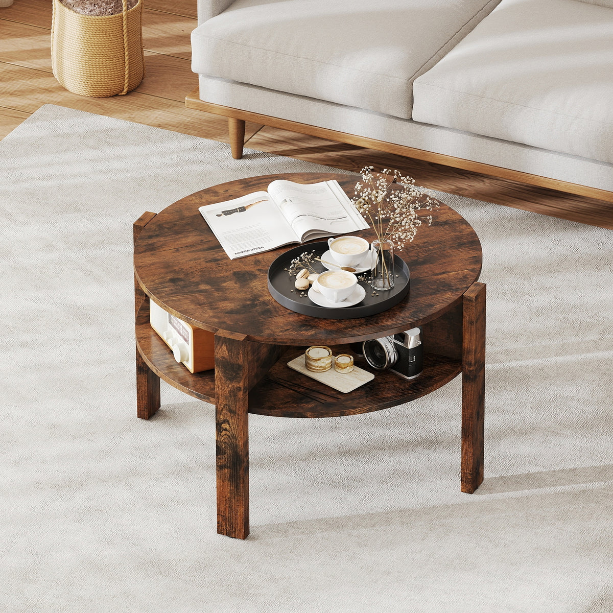 29.5 Inch Round Coffee Table, Storage Shelves, Rustic Brown Coffee Tables at Gallery Canada