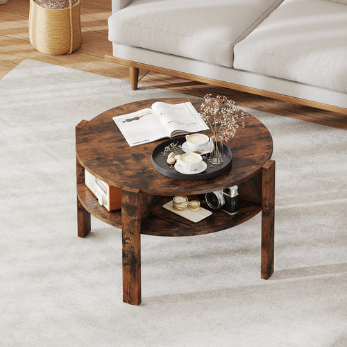 29.5 Inch Round Coffee Table, Storage Shelves, Rustic Brown