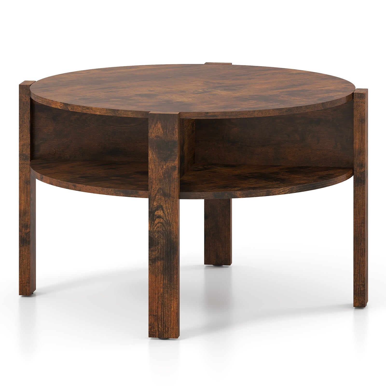 29.5 Inch Round Coffee Table, Storage Shelves, Rustic Brown Coffee Tables Rustic Brown at Gallery Canada