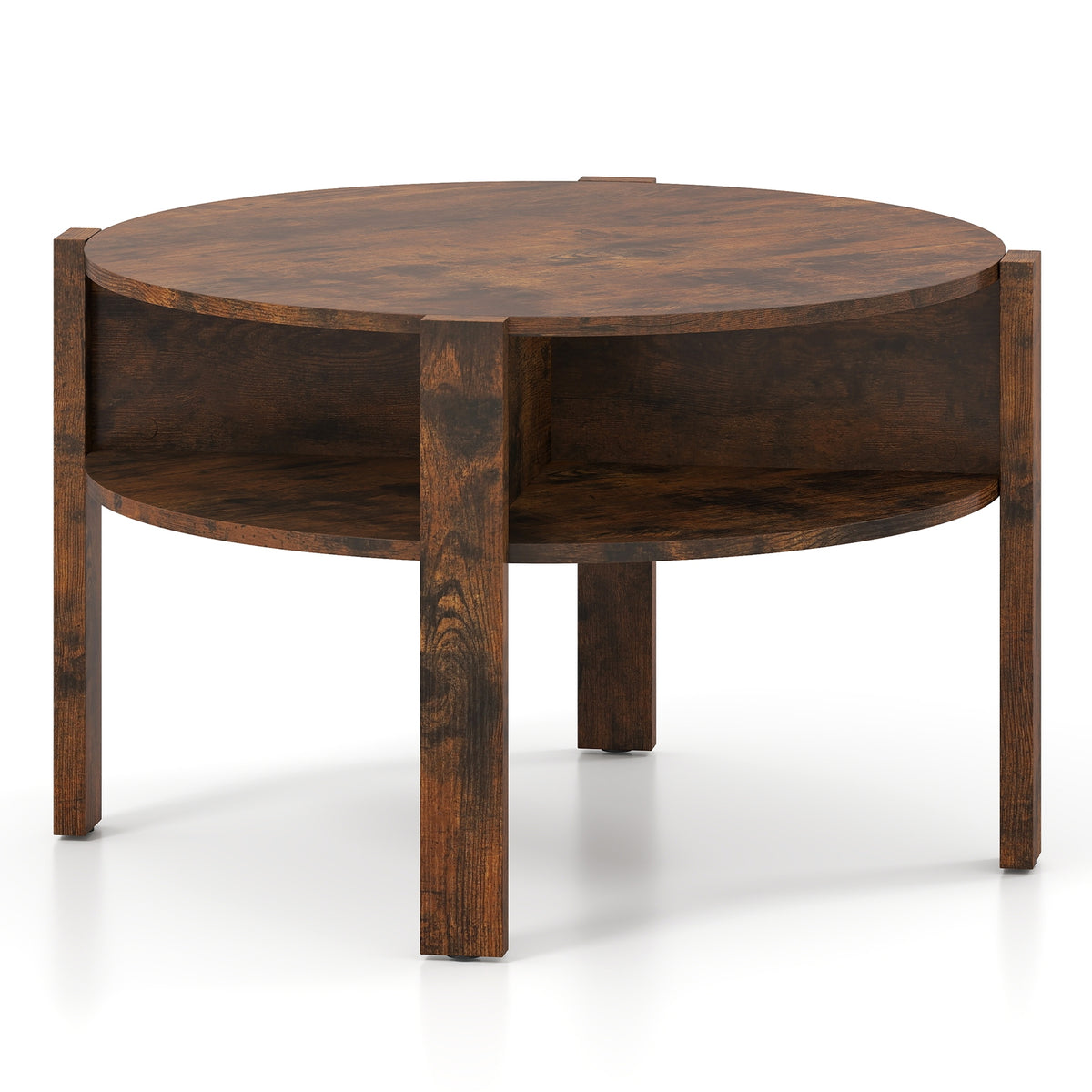 29.5 Inch Round Coffee Table, Storage Shelves, Rustic Brown Coffee Tables at Gallery Canada