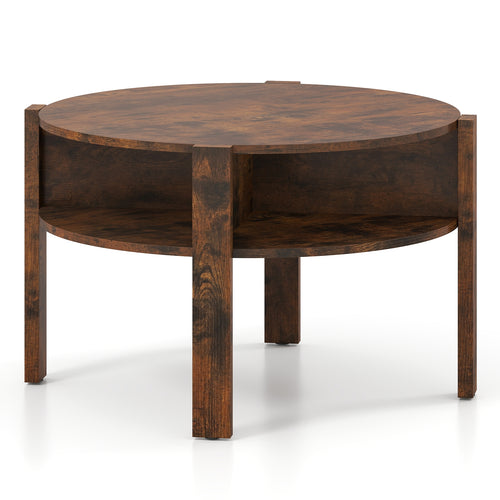 29.5 Inch Round Coffee Table, Storage Shelves, Rustic Brown