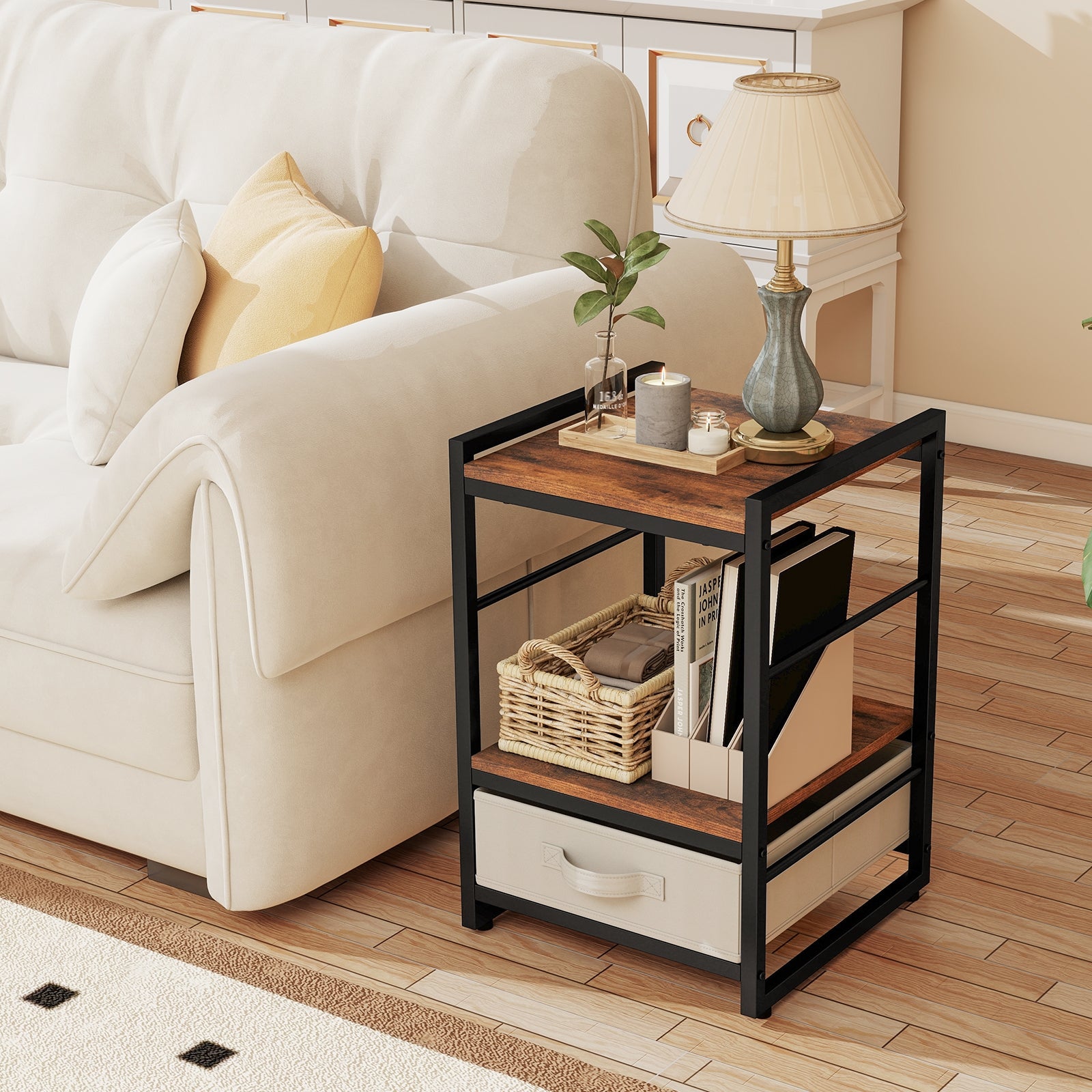 Industrial Nightstand With Open Shelf, Fabric Drawer, Rustic Brown Nightstands at Gallery Canada