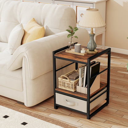 Industrial Nightstand With Open Shelf, Fabric Drawer, Rustic Brown Nightstands at Gallery Canada