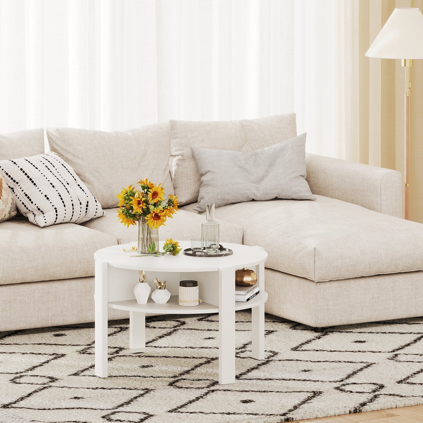 29.5 Inch Round Coffee Table With Storage Shelves, White Coffee Tables at Gallery Canada