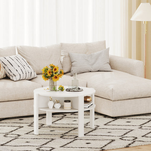 29.5 Inch Round Coffee Table With Storage Shelves, White