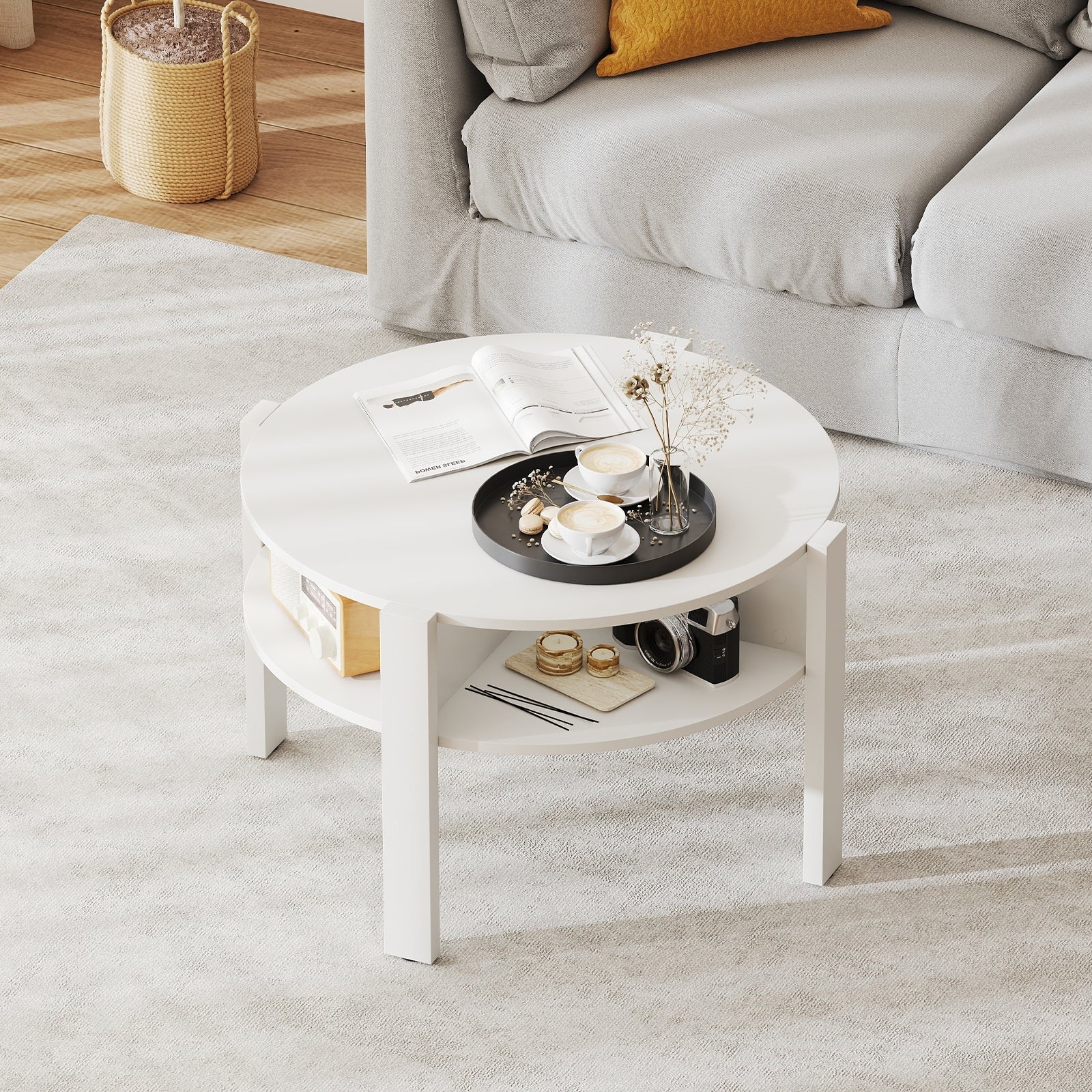 29.5 Inch Round Coffee Table With Storage Shelves, White Coffee Tables at Gallery Canada