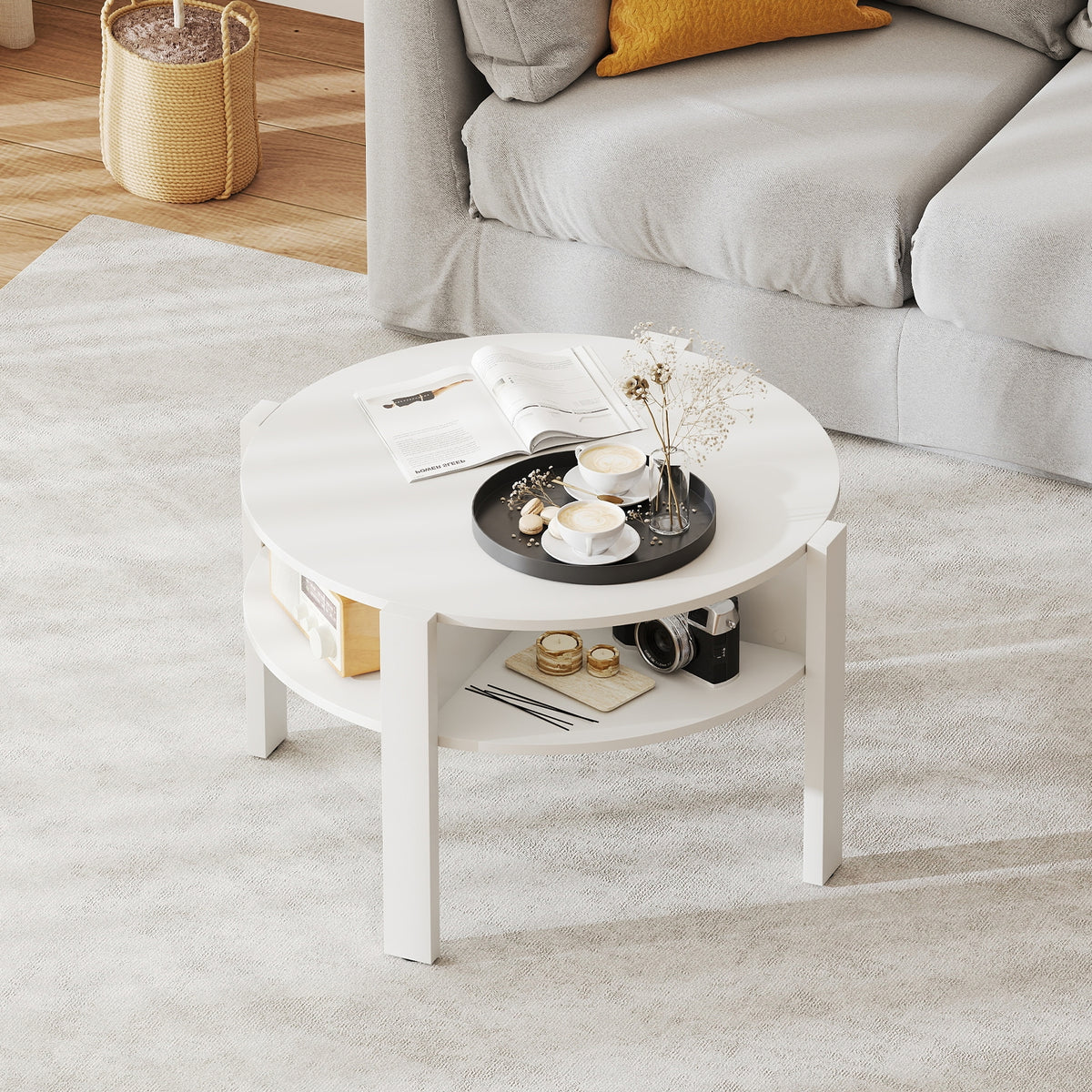 29.5 Inch Round Coffee Table With Storage Shelves, White Coffee Tables at Gallery Canada
