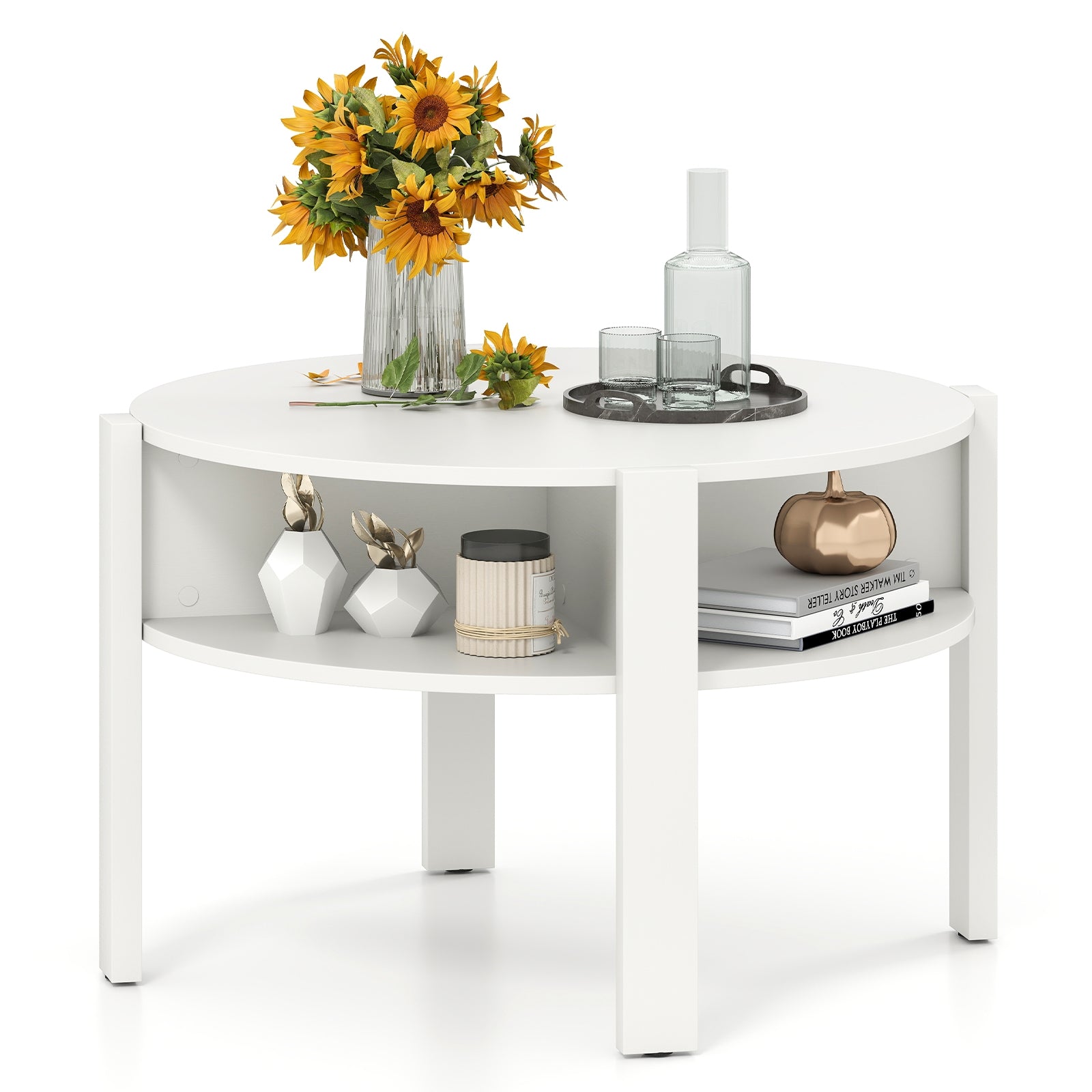 29.5 Inch Round Coffee Table With Storage Shelves, White Coffee Tables at Gallery Canada