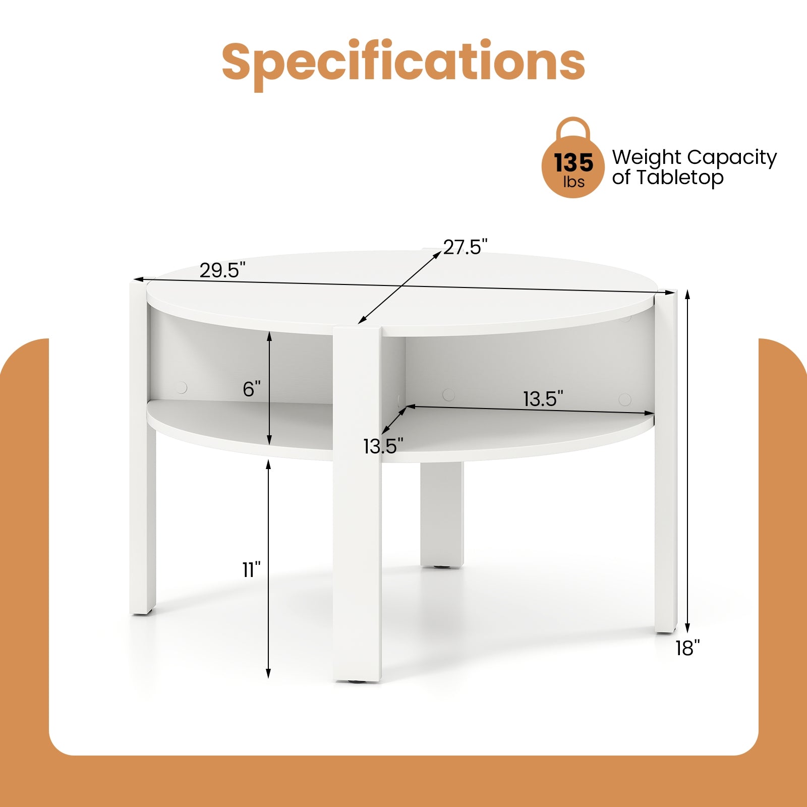 29.5 Inch Round Coffee Table With Storage Shelves, White Coffee Tables at Gallery Canada
