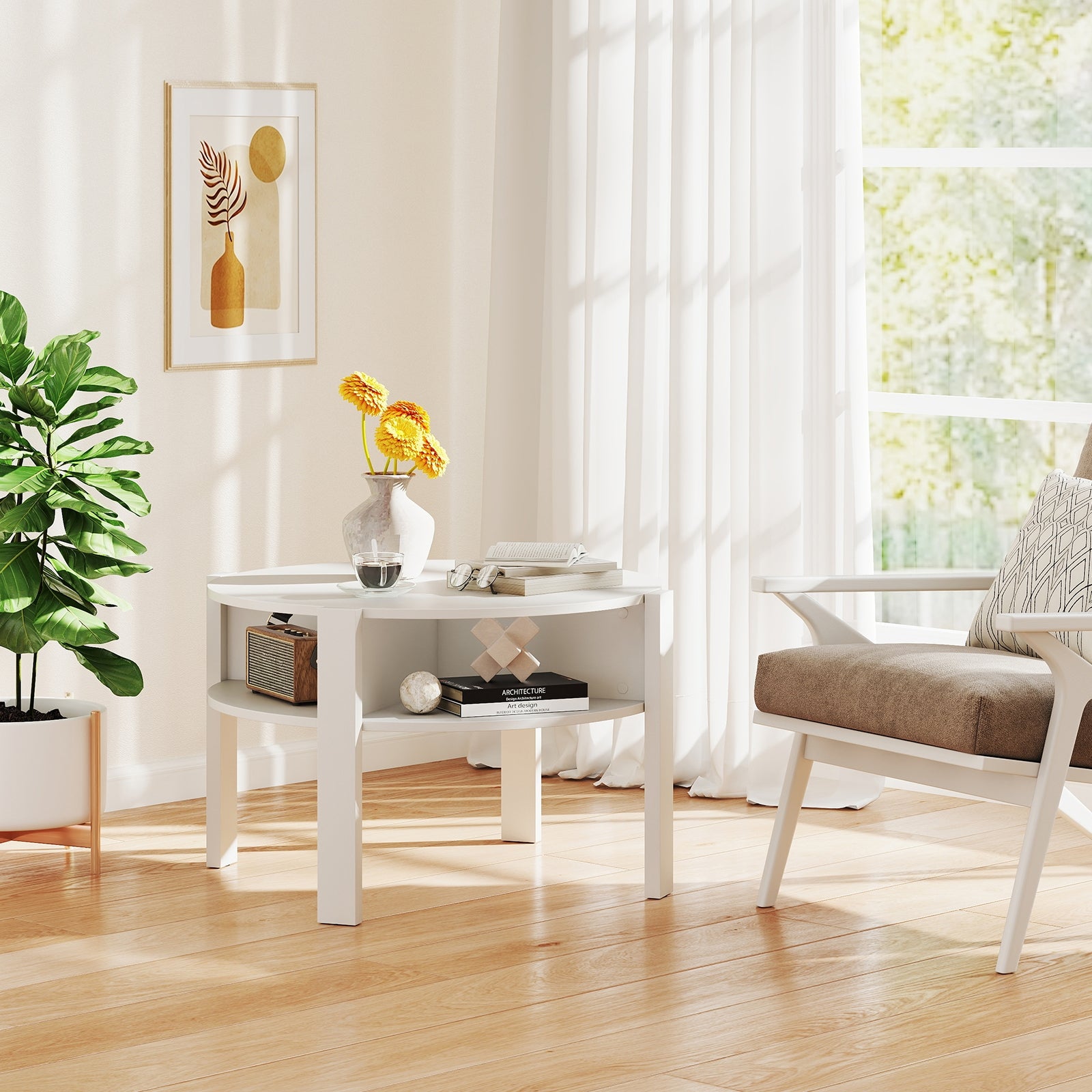 29.5 Inch Round Coffee Table With Storage Shelves, White Coffee Tables at Gallery Canada