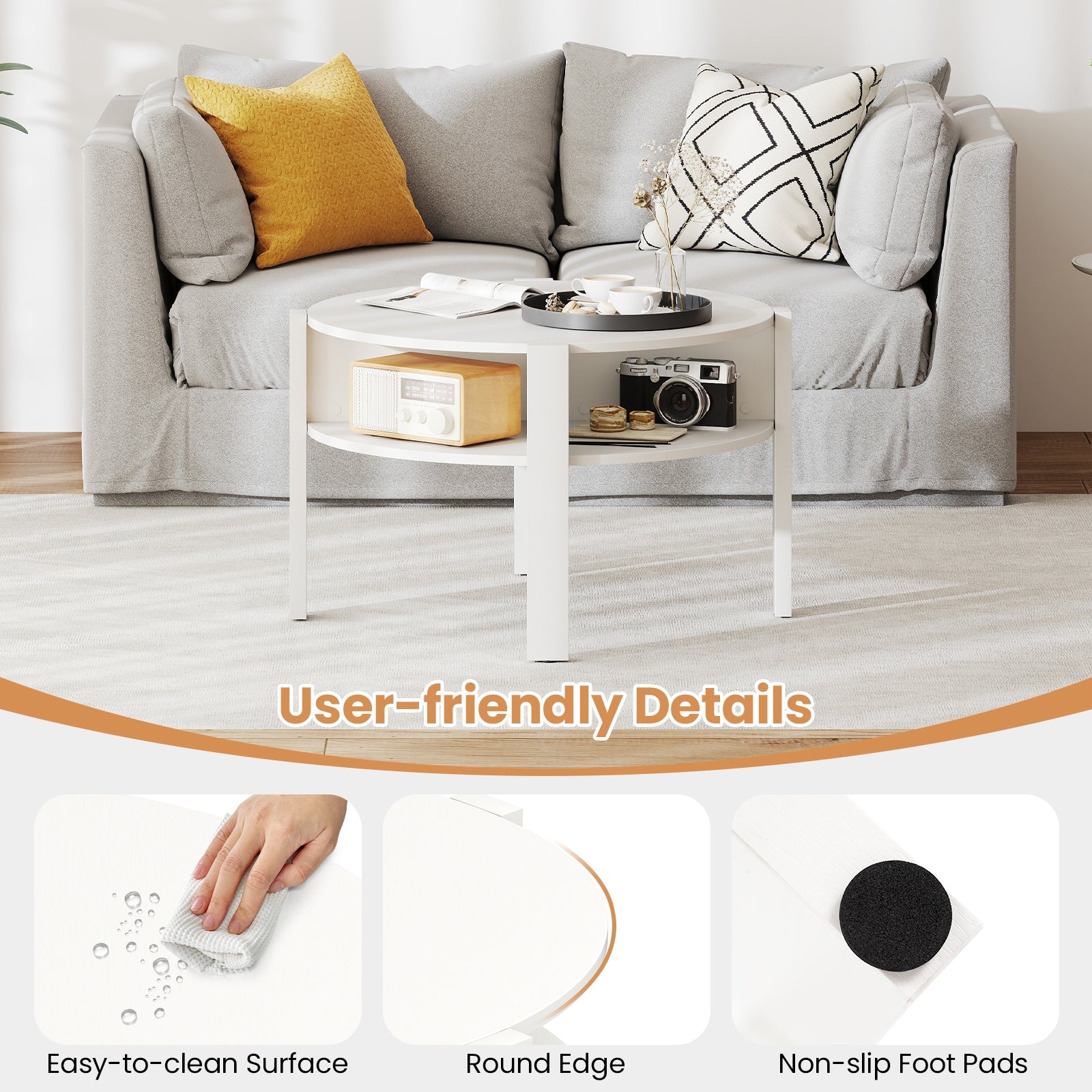 29.5 Inch Round Coffee Table With Storage Shelves, White Coffee Tables at Gallery Canada