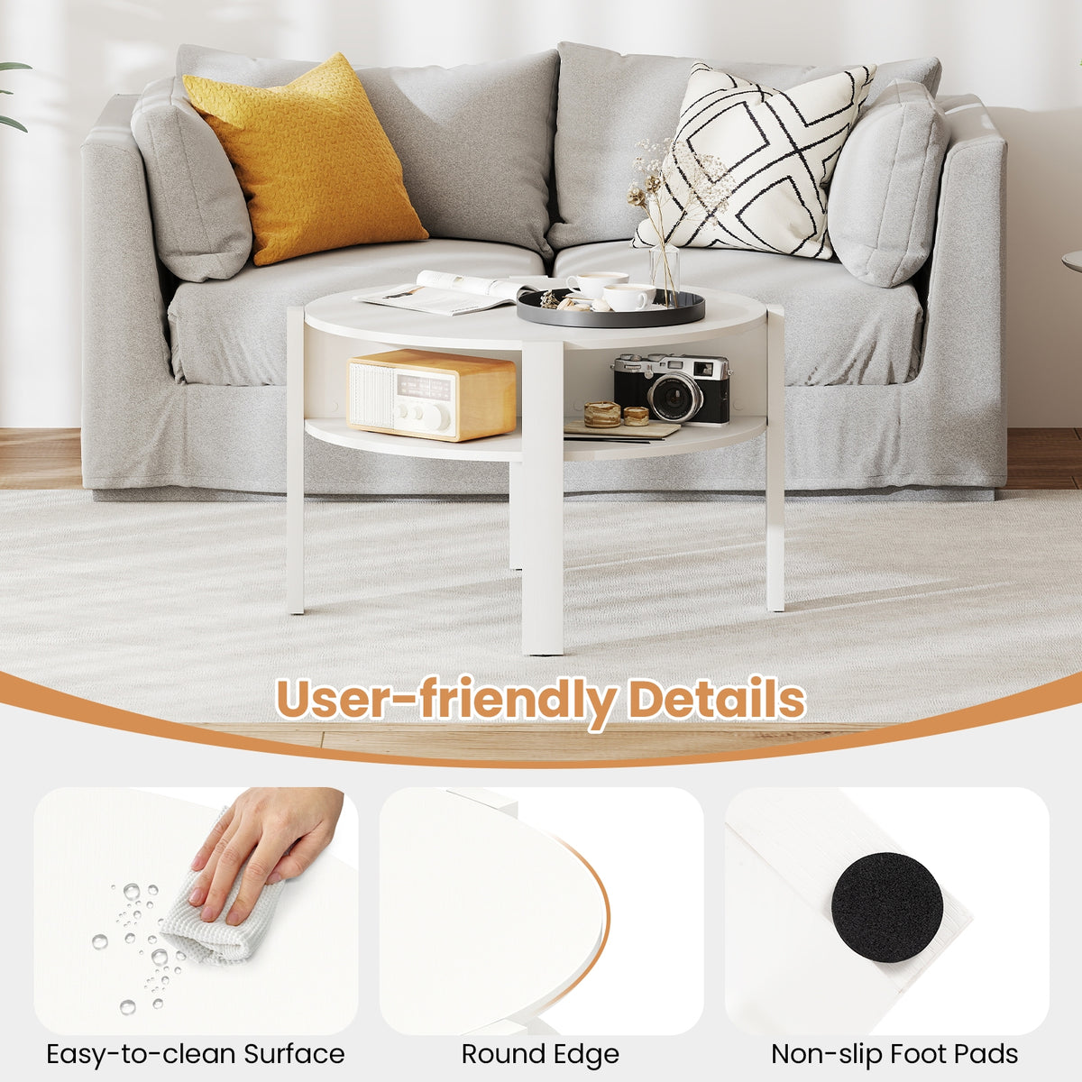 29.5 Inch Round Coffee Table With Storage Shelves, White Coffee Tables at Gallery Canada