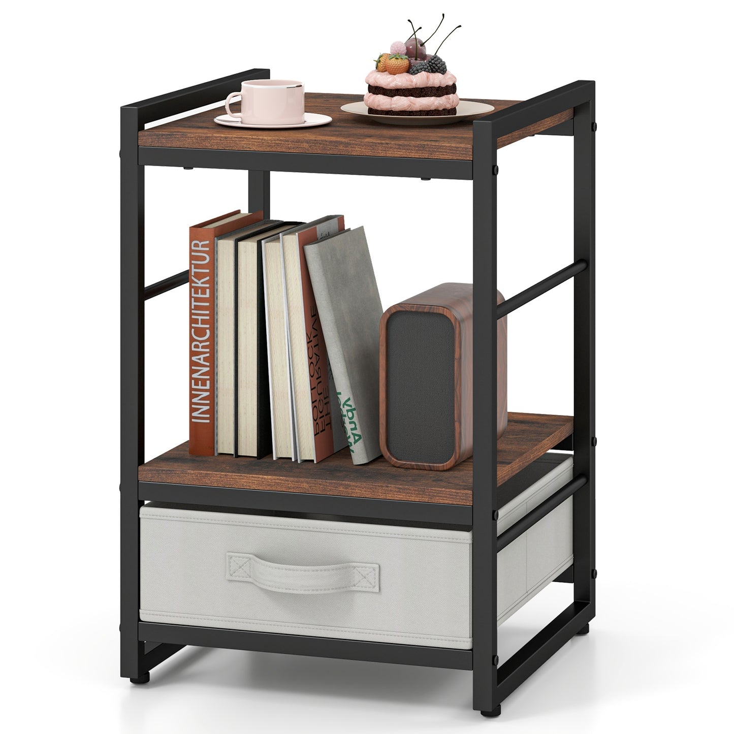 Industrial Nightstand With Open Shelf, Fabric Drawer, Rustic Brown Nightstands at Gallery Canada