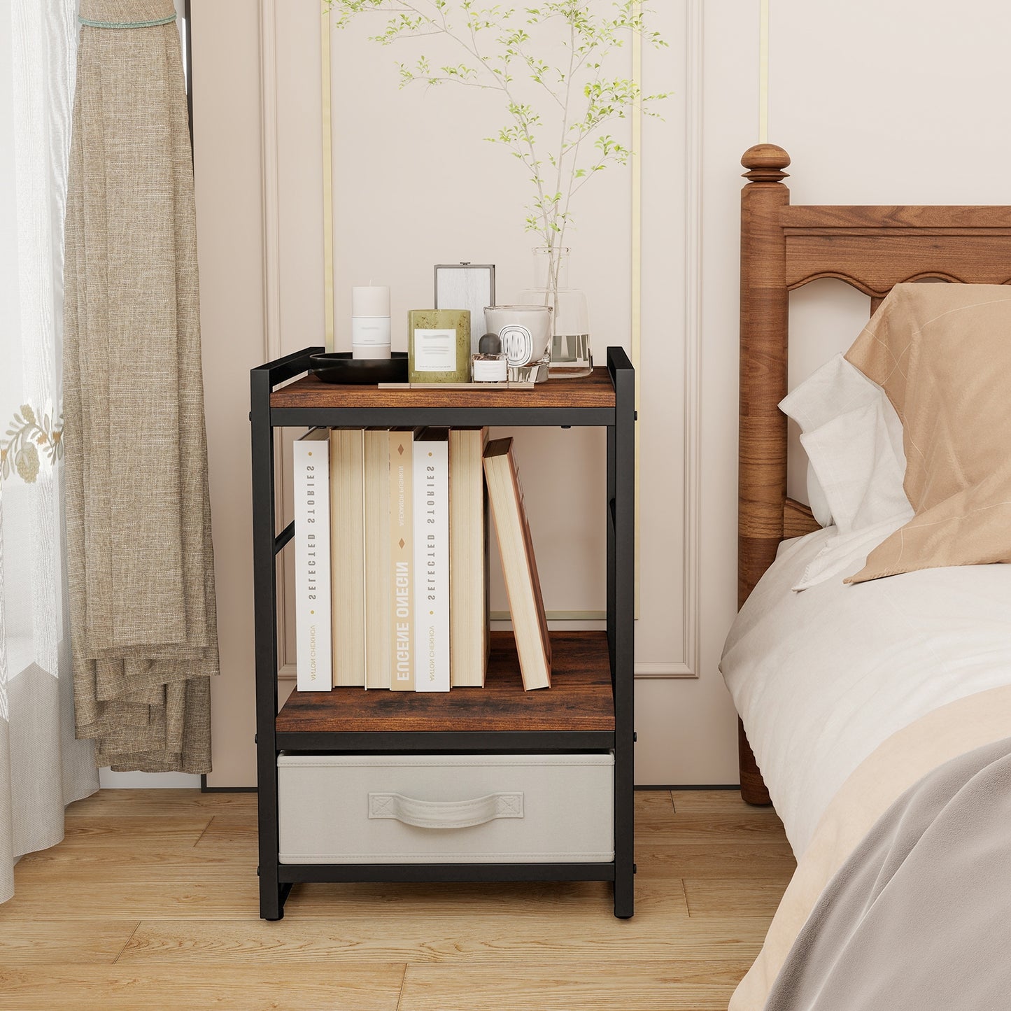 Industrial Nightstand With Open Shelf, Fabric Drawer, Rustic Brown Nightstands at Gallery Canada