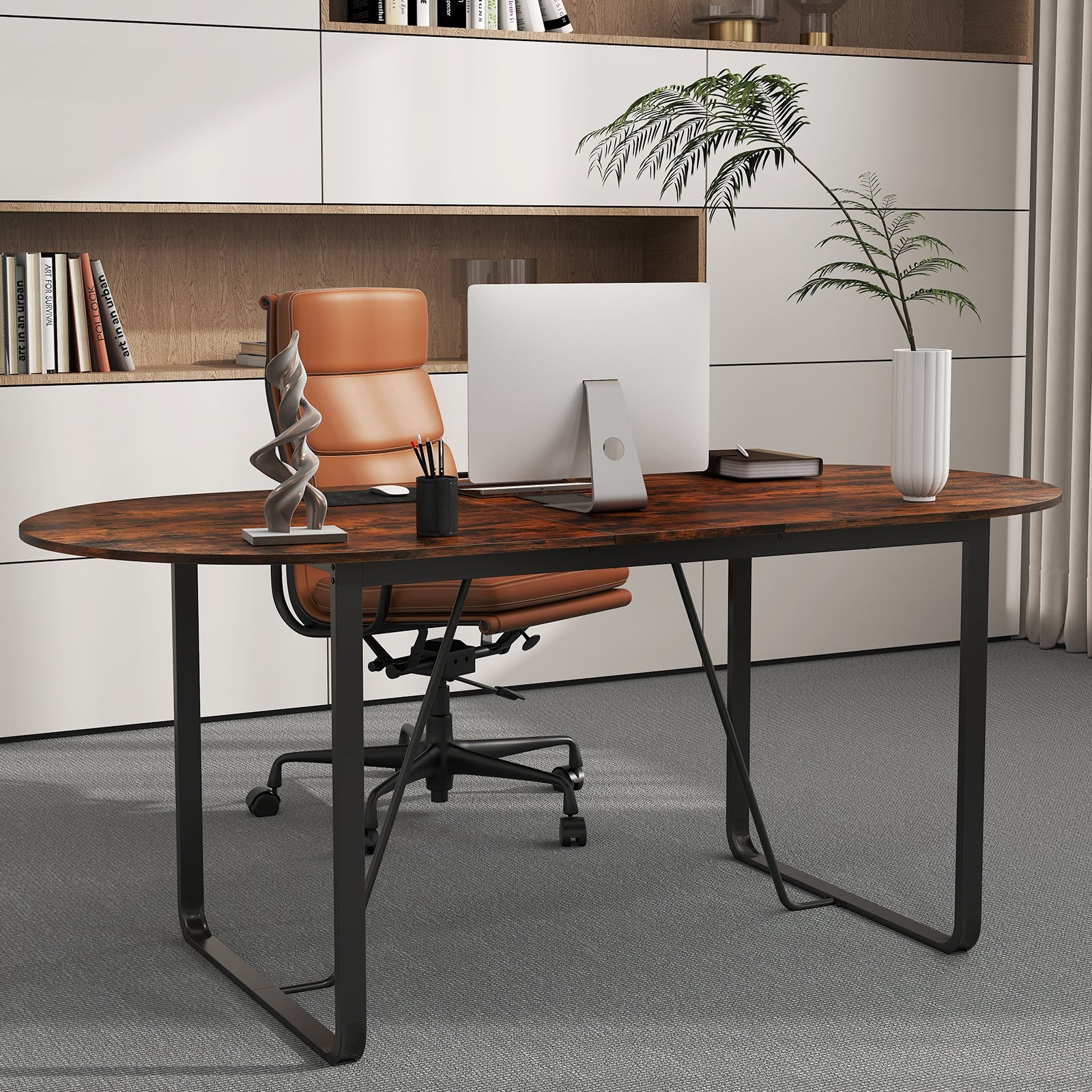 71 Inches Oval Executive Office Table, Cable Management Hole, Rustic Brown Standing Desks at Gallery Canada