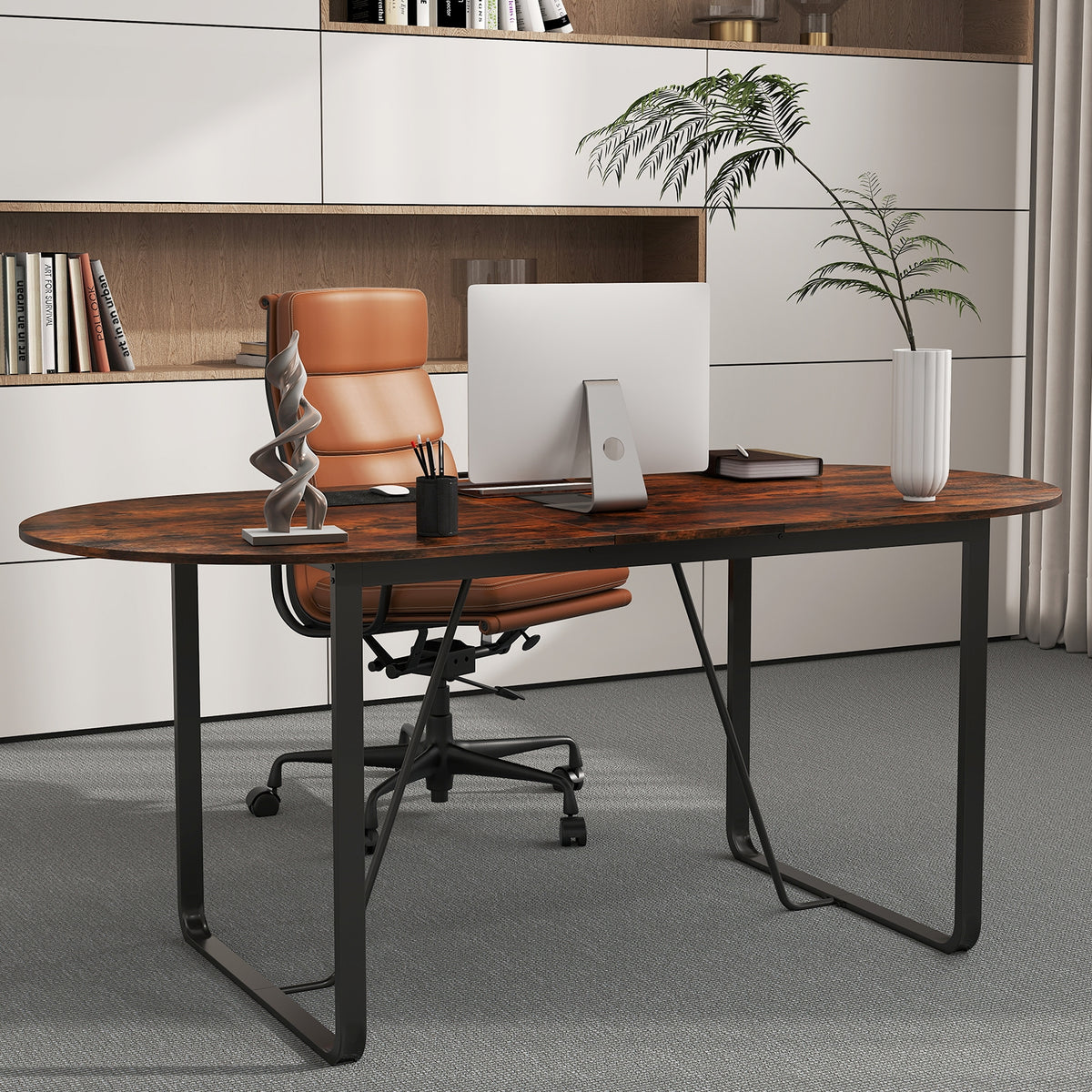 71 Inches Oval Executive Office Table, Cable Management Hole, Rustic Brown Standing Desks at Gallery Canada