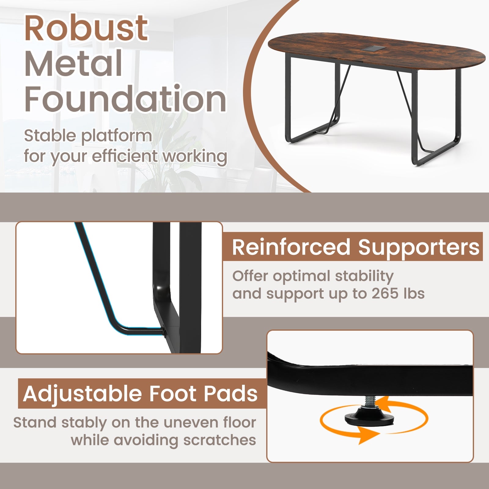 71 Inches Oval Executive Office Table, Cable Management Hole, Rustic Brown Standing Desks at Gallery Canada