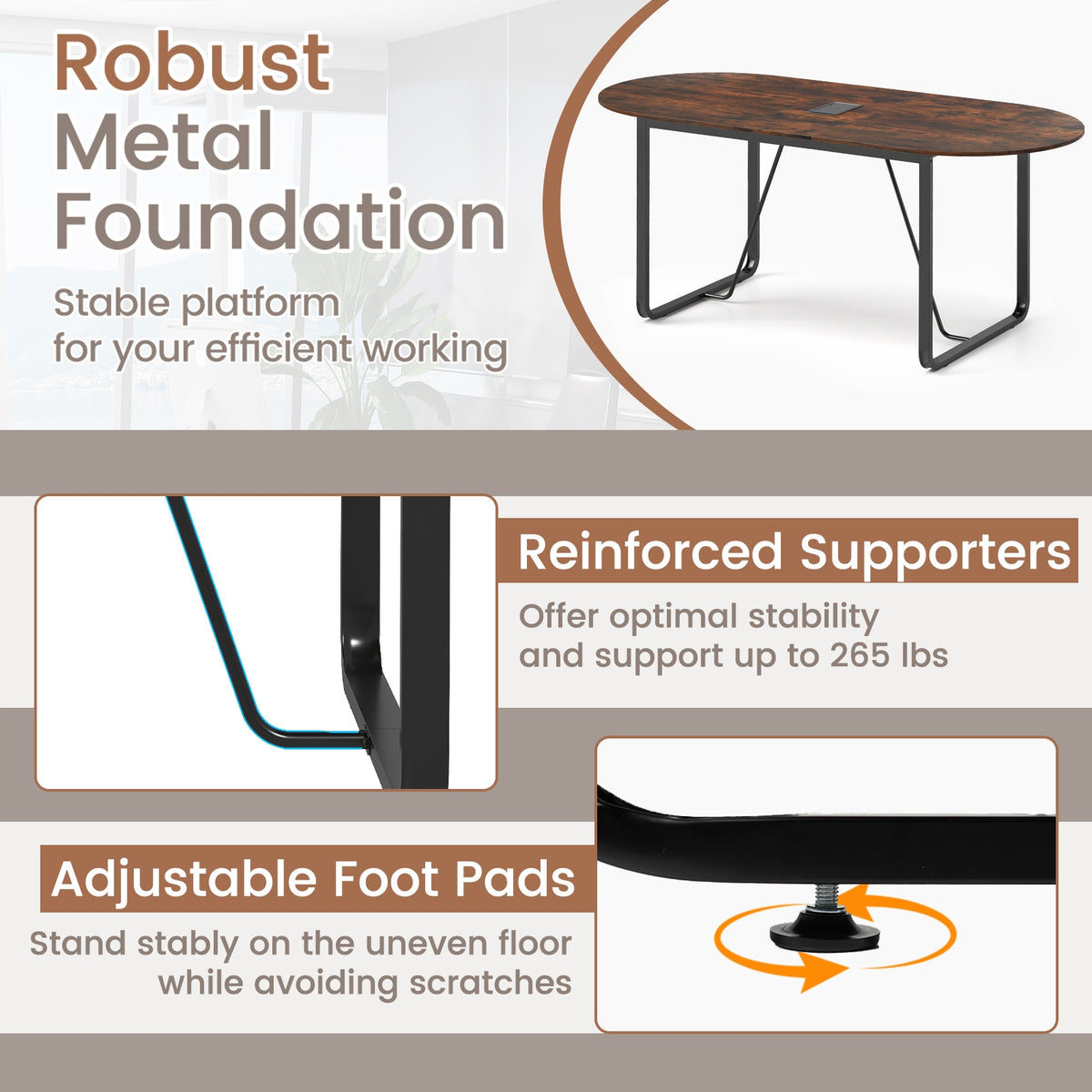 71 Inches Oval Executive Office Table, Cable Management Hole, Rustic Brown Standing Desks at Gallery Canada