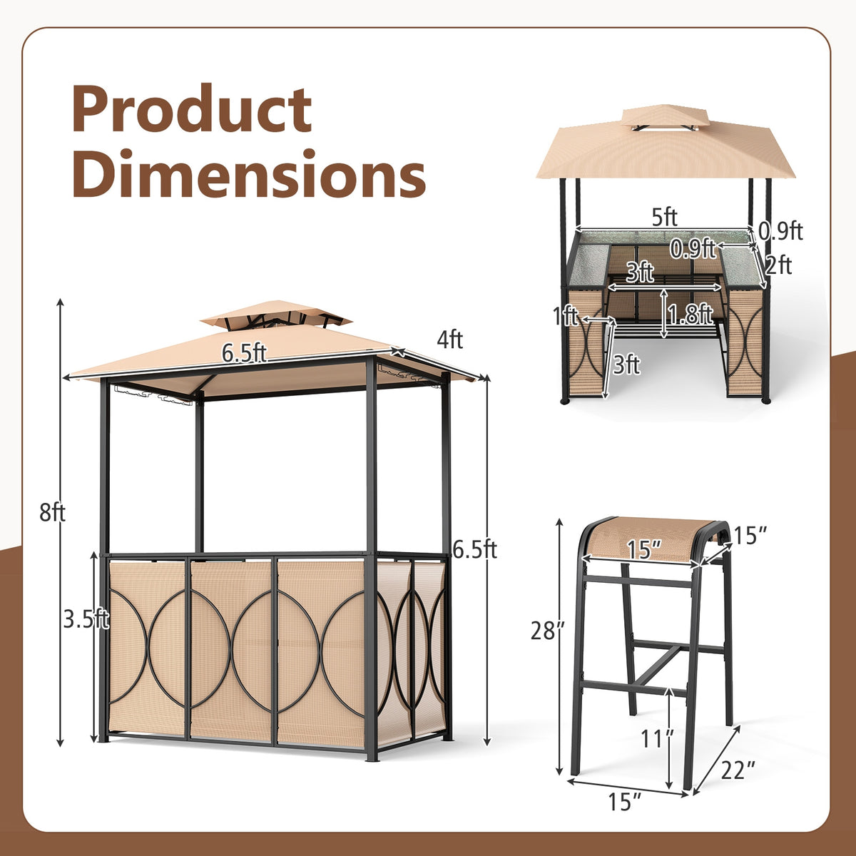 6.5 x 4 x 8 FT Grill Gazebo Set, With Bar Table And Stools, Brown Patio Bar Furniture at Gallery Canada