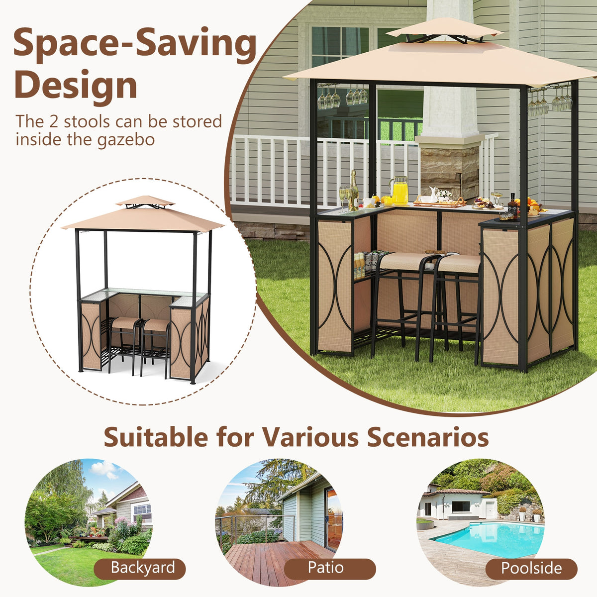 6.5 x 4 x 8 FT Grill Gazebo Set, With Bar Table And Stools, Brown Patio Bar Furniture at Gallery Canada