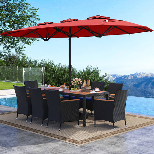 10 Piece Outdoor Patio Dining Set, 15 Feet Double-Sided Umbrella, Red