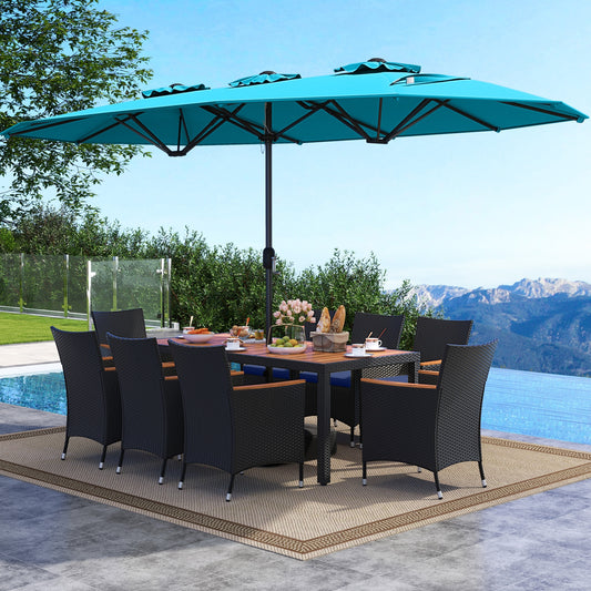 10 Piece Outdoor Patio Dining Set, 15 Feet Double-Sided Twin Umbrella, Turquoise Patio Dining Sets Turquoise at Gallery Canada