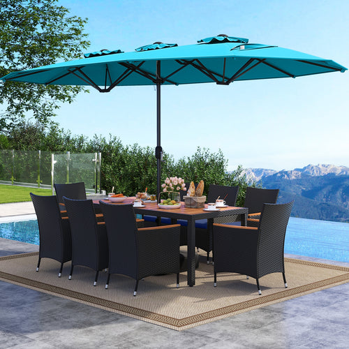 10 Piece Outdoor Patio Dining Set, 15 Feet Double-Sided Twin Umbrella, Turquoise