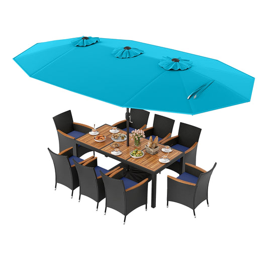 10 Piece Outdoor Patio Dining Set, 15 Feet Double-Sided Twin Umbrella, Turquoise Patio Dining Sets Turquoise at Gallery Canada