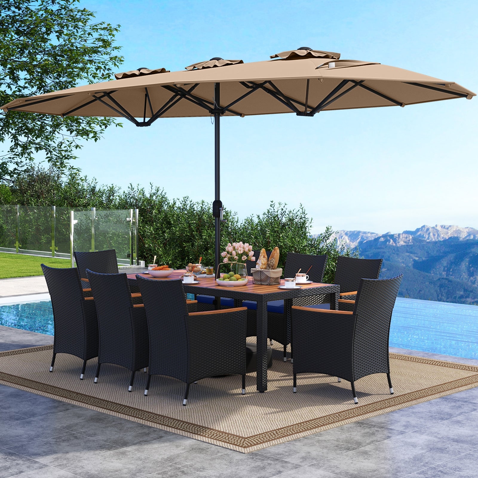 10 Piece Outdoor Patio Dining Set, 15 Feet Double-Sided Umbrella, Brown Patio Dining Sets at Gallery Canada