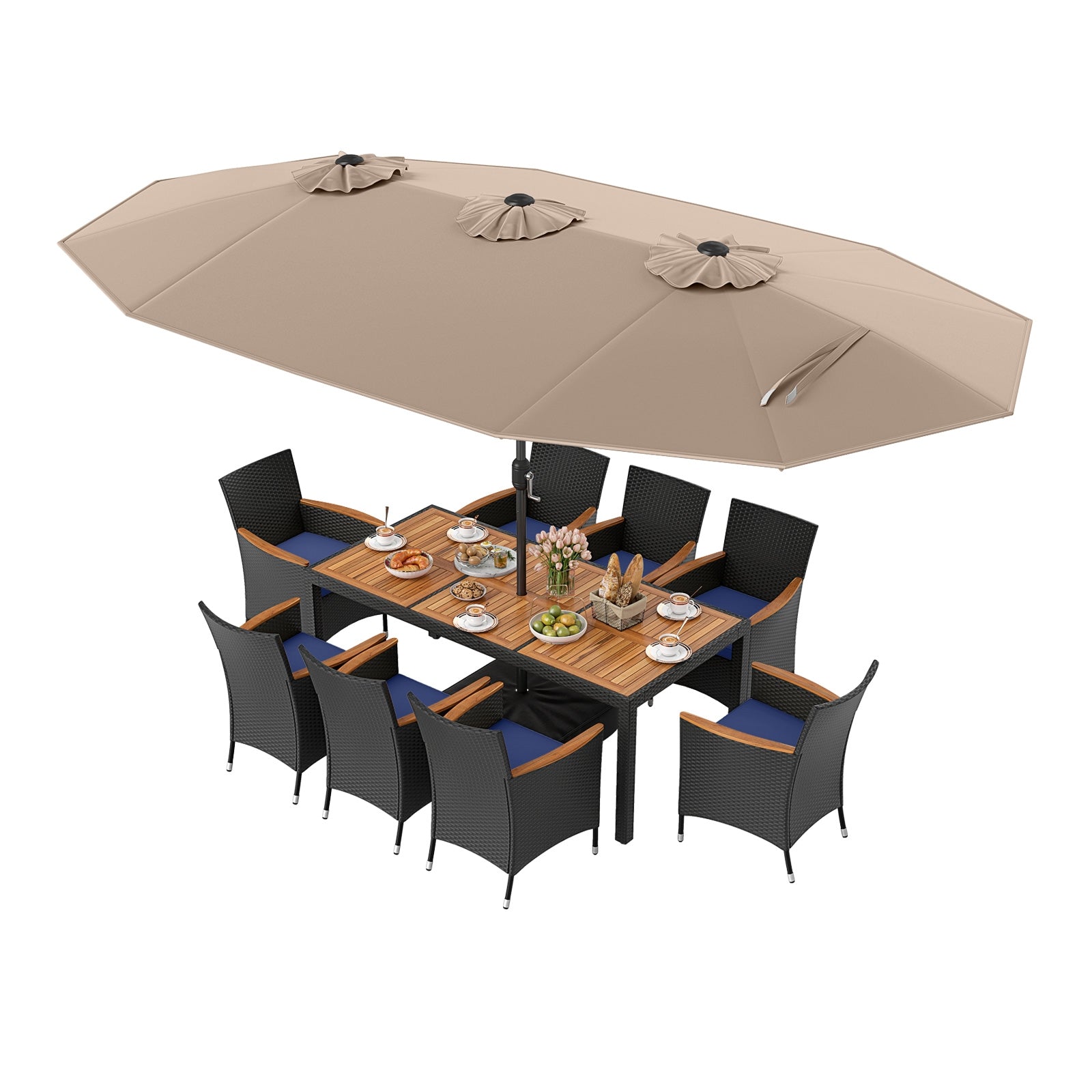 10 Piece Outdoor Patio Dining Set, 15 Feet Double-Sided Umbrella, Brown Patio Dining Sets at Gallery Canada